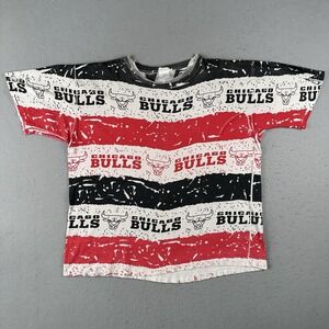 Vtg 90s‎ Chicago Bulls T Shirt XL Black White Red Striped AOP All Over Print NBA
